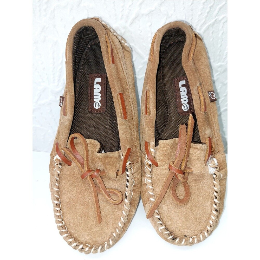 Lam Kids Moccasin Style Faux Fur Brown Suede Hard Sole Slipper Sz 1Y